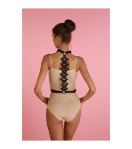 Harness with vertebrae handmade, leather, black, S/M - notaboo.es