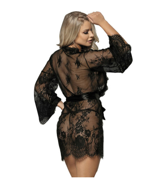 Sexy bathrobe translucent Sublime seduction, with floral pattern, black, S/M - 2 - notaboo.es