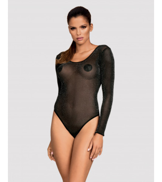 Erotic bodysuit Obsessive B123, L/XL, translucent, with open back and sleeves, black - notaboo.es