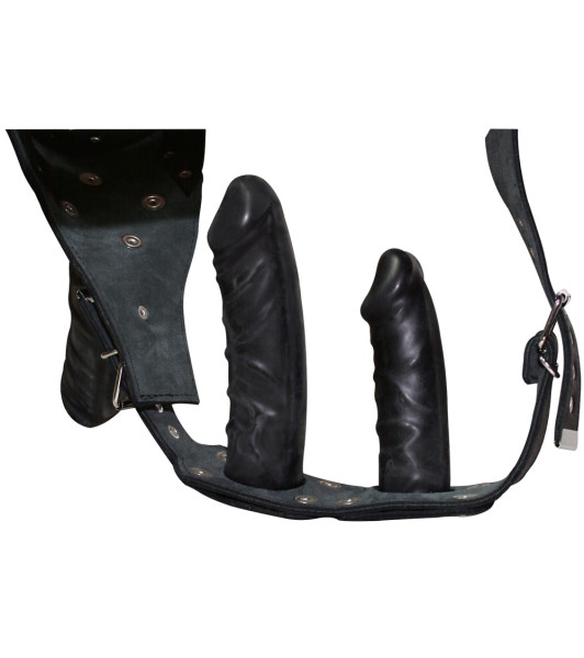 ZADO strap-on de cuero con tres consoladores, negro, talla S/M - 3 - notaboo.es