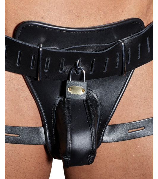 Men's leather chastity belt panties, 4 padlocks, black, S/M - 7 - notaboo.es