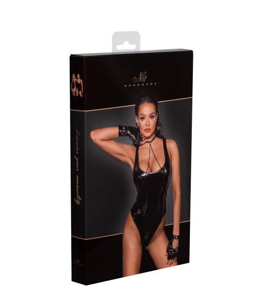Sexy cuerpo de vinilo brillante S Noir Handmade F245, con escote profundo, negro - 1 - notaboo.es