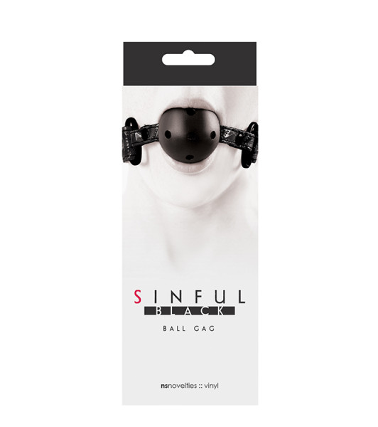Sinful vinyl gag with perforated ball, black - 5 - notaboo.es