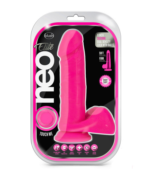 NEO ELITE 8 INCH SILICONE DUAL DENSITY COCK WITH BALLS NEON PINK - 2 - notaboo.es